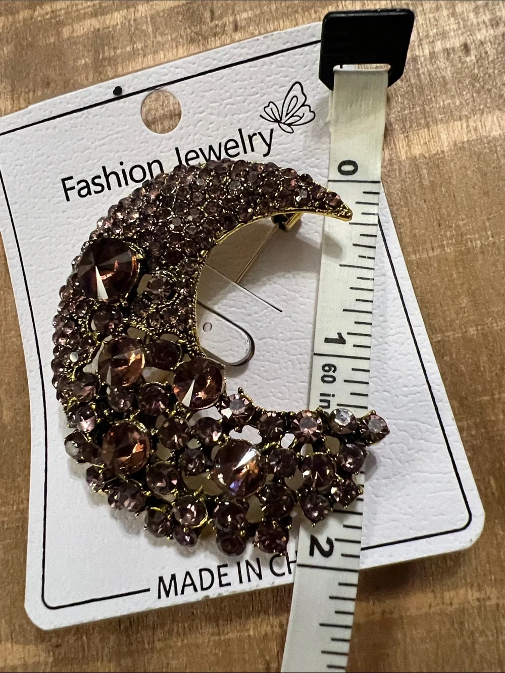 3/$18 Fashion Jewelry Gold-Tone Crescent Moon Brooch with Brown Crystals - 6072